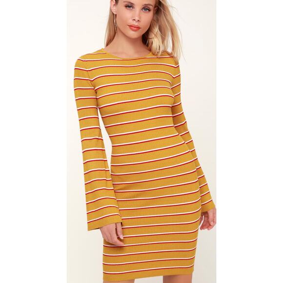 Lulus Rendezvous Mustard Yellow Striped Long Sleeve Bodycon Dress Size M NWT - Picture 1 of 7